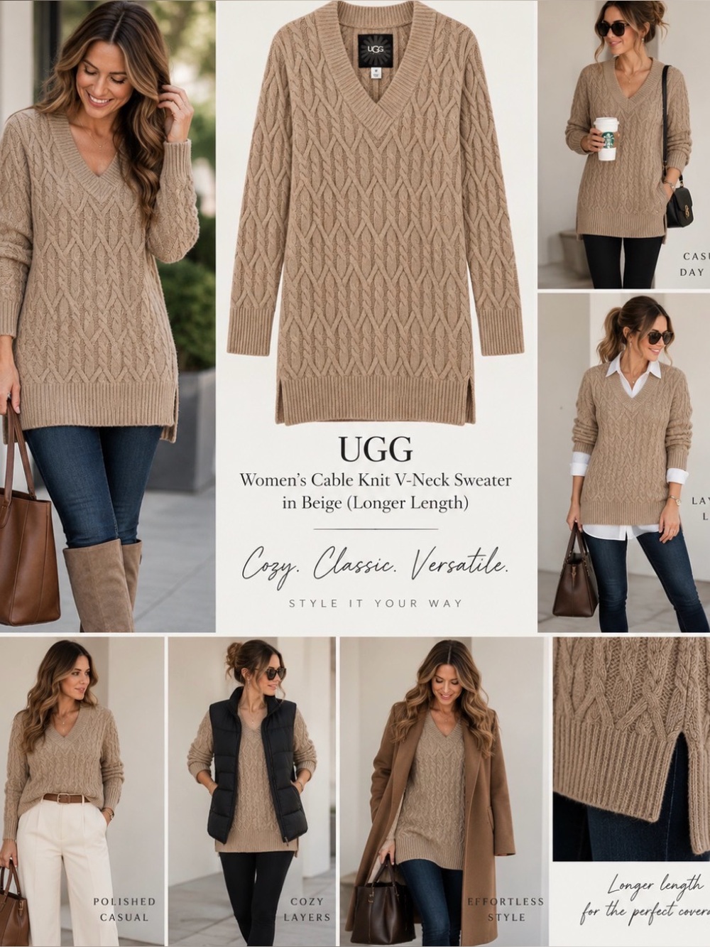 UGG Women's Cable Knit V-Neck Sweater in Beige